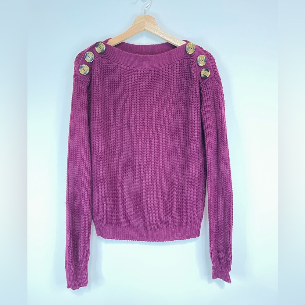 Sweet Wanderer Burgandy Button-Shoulder Sweater
